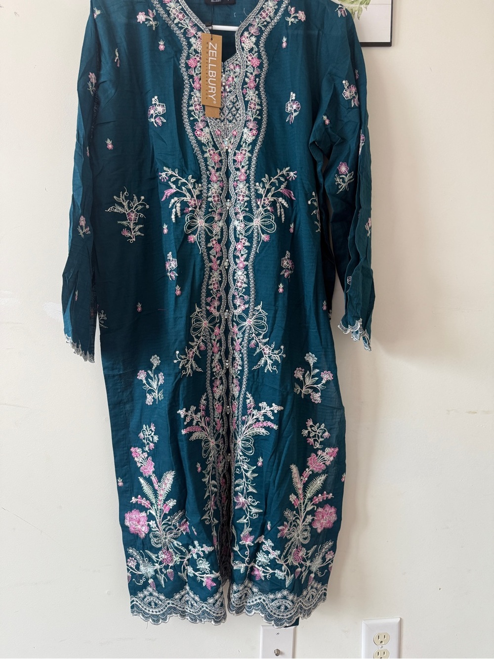 Teal Long Sleeve Embroidered Dress